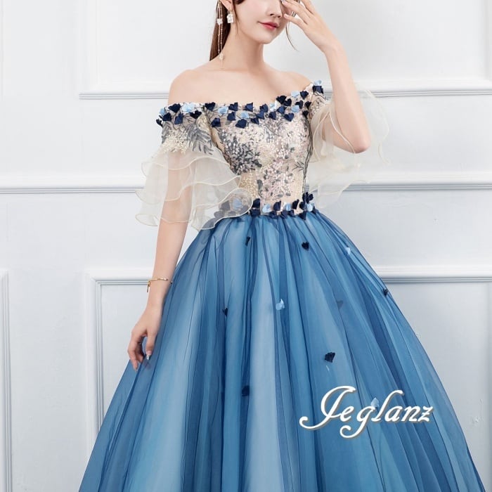 優雅 ウエディング カラードレス オフショル 立体フラワー 背中 編み上げ(M7886)π