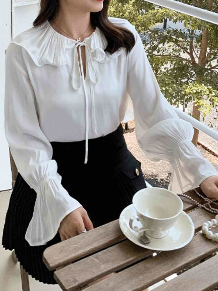 揺れもので周囲の目線を独り占め フリルカラーキャンディースリーブブラウス かわいい ガーリー カジュアル フェミニン 大きいサイズ 韓国 CH9323