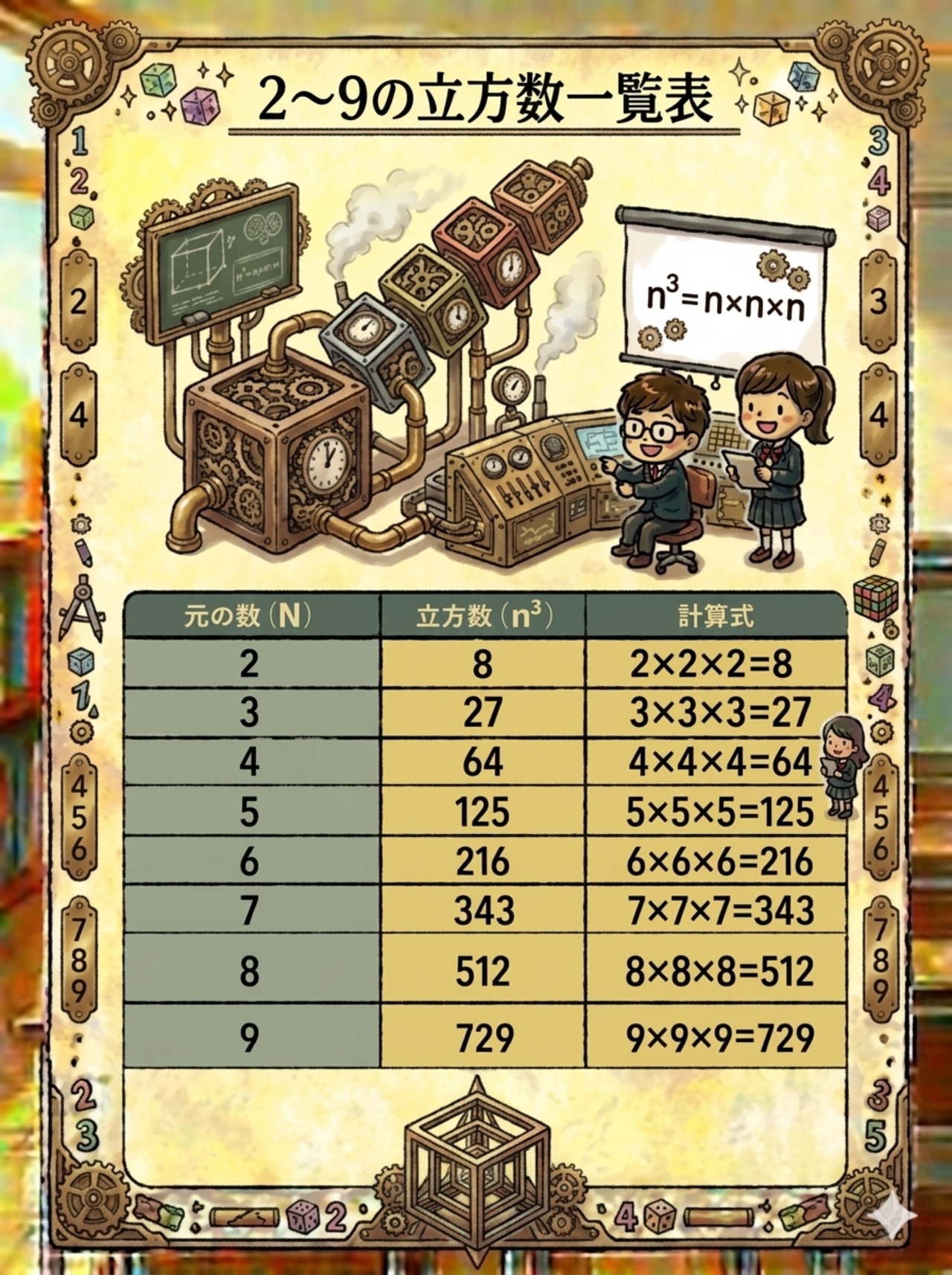 小学生が覚えやすい!2から9までの立方数一覧表【教育デジタルコンテンツ】 #小学生 #算数 | 知育ラボ E-Lab| 教育インテリア