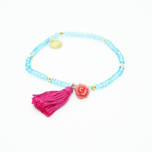 Rose Tassel Bracelet｜Sky Blue x Pink x Gold