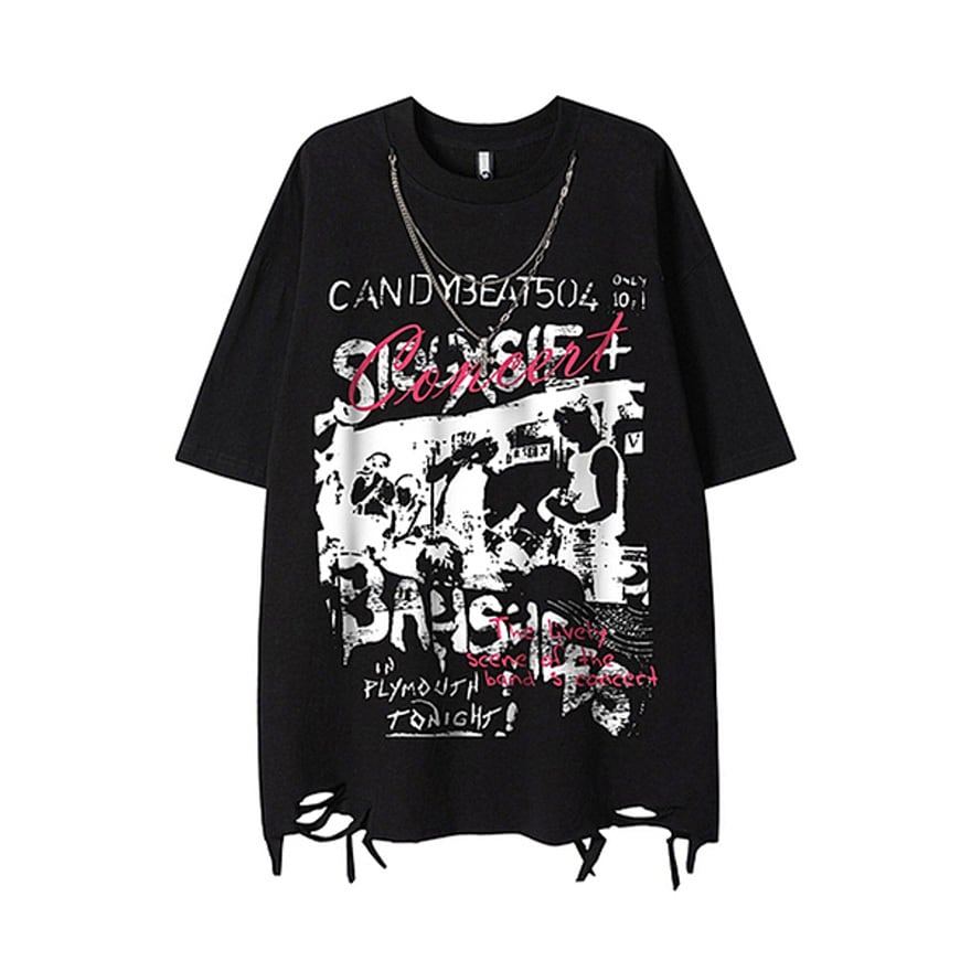 ゴスロリグランジ 半袖グラフィックTシャツ チェーン付きライブ参戦