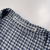 Mademoiselle NON NON マドモアゼルノンノン ギンガムチェック 縮れ生地 七分袖 ストレッチ シャツ 38 M /ネイビー系/パパス/日本製