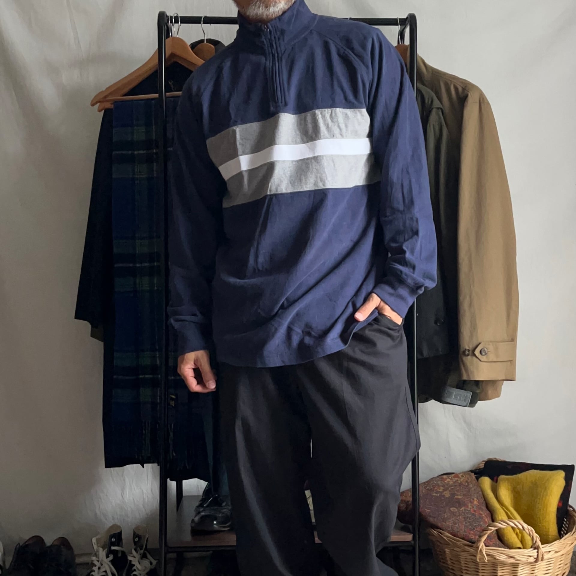 500円引きクーポン プルオーバー ネイビー スウェット ハーフジップ 古着 柄シャツ 長袖 メンズ スウェット Alrc Asia