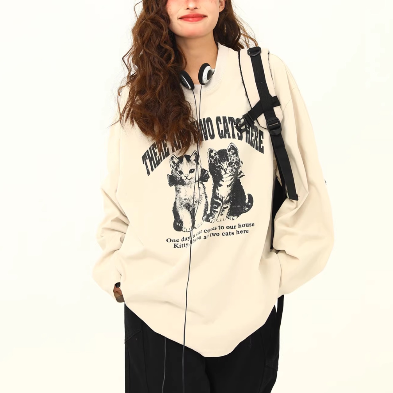 Retro Cat Print Unisex Long Sleeve T-Shirt (ME210)