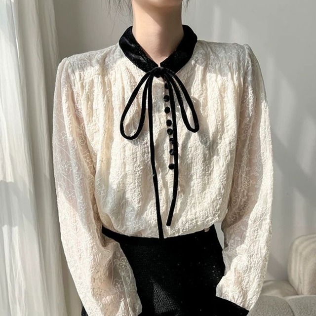 Ribbon tie jacquard blouse A1752