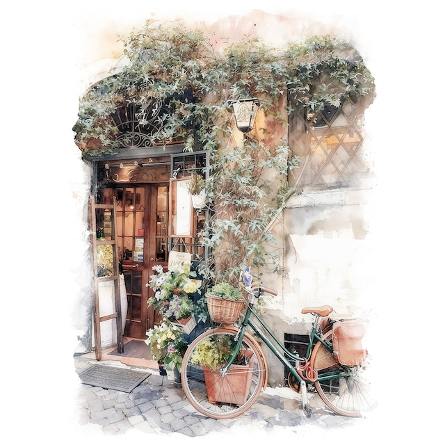 絵画 イタリアの風景画(街並み) ローマ 自転車のある風景 インテリアアート額付き 水彩画・油絵調 WAT0218