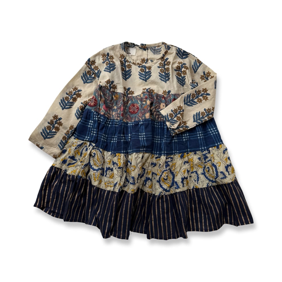 Paneled Textiles Tiered Dress Indigo【saruche】ワンピース ブロックプリント