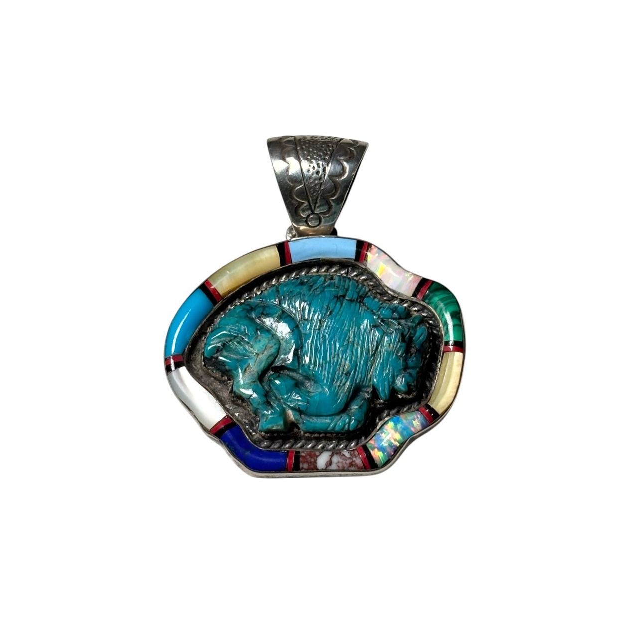 Zuni RONNIE & RAMIL GLODOVE curving turquoise inlay pendant