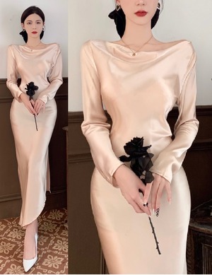 ★送料無料★細目9号(M)☆とろみ右スリット入長袖不規則ワンピース(OPN2465)