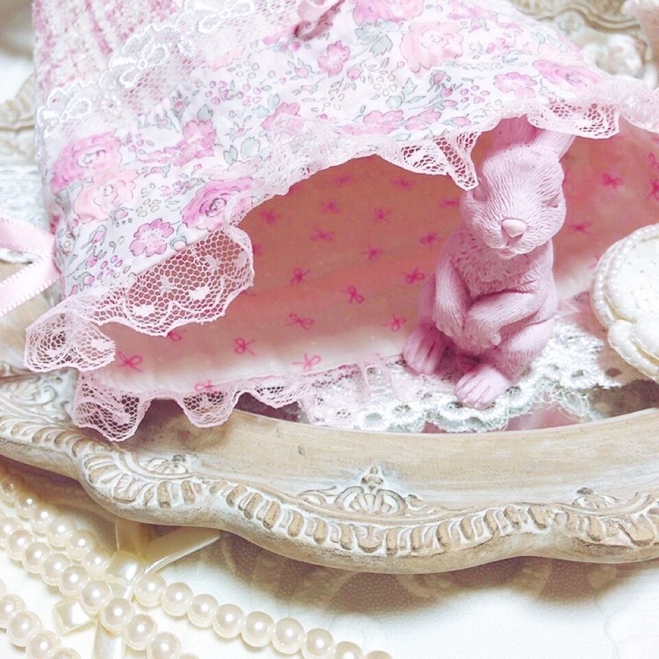 リバティとツイードのコロンと可愛い巾着ポーチ フェリシテ ピンク