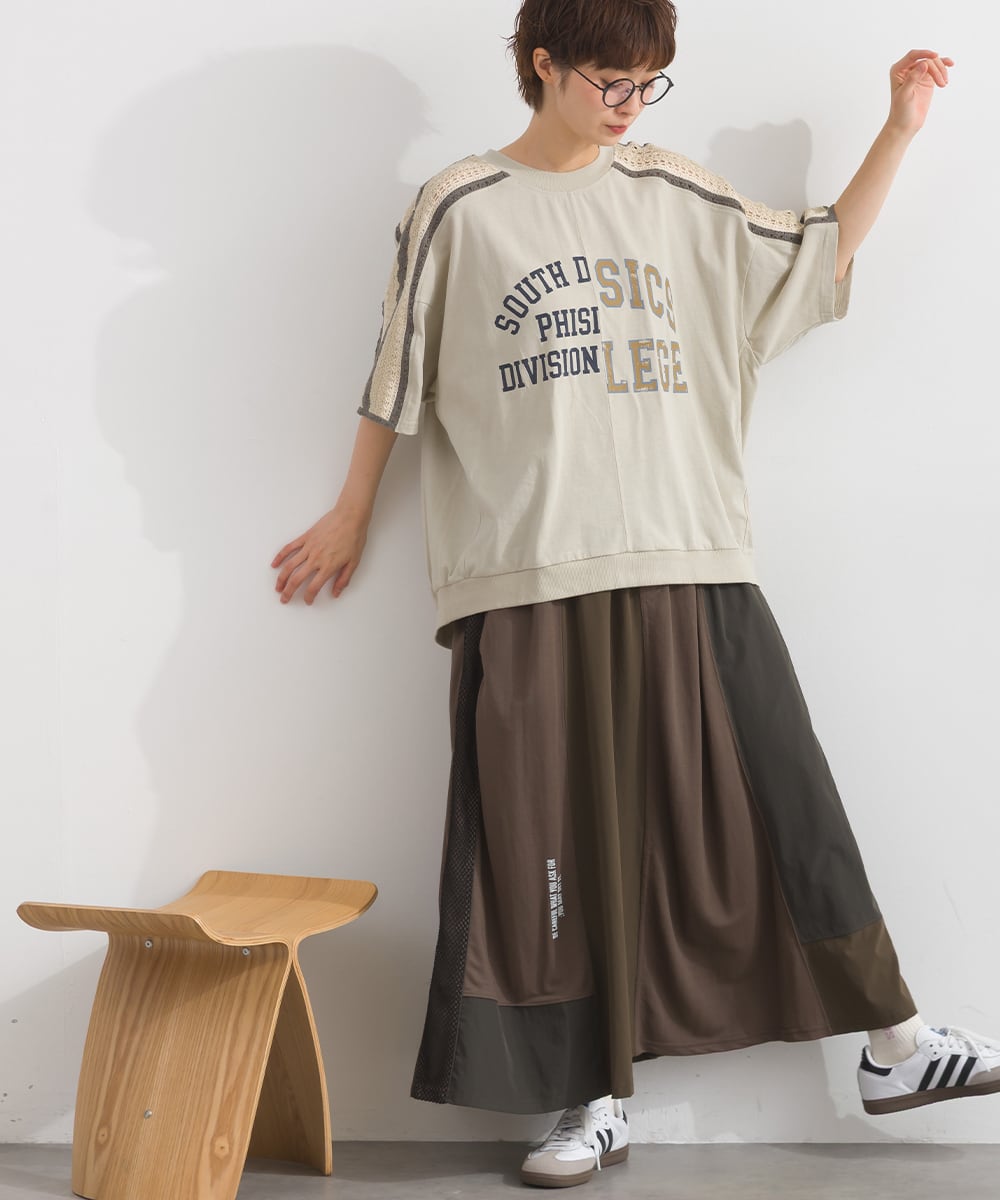 【美品】JUN&ROPE’ メリルハイテンション モックネック 長袖プルオーバー J262047 クロシェ編み切替 ロゴプリントドルマンプルオーバー