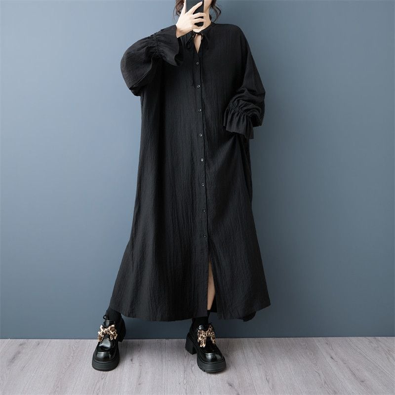 RUCHED V-NECK TIE DETAIL LONG LOOSE DRESS M-18299