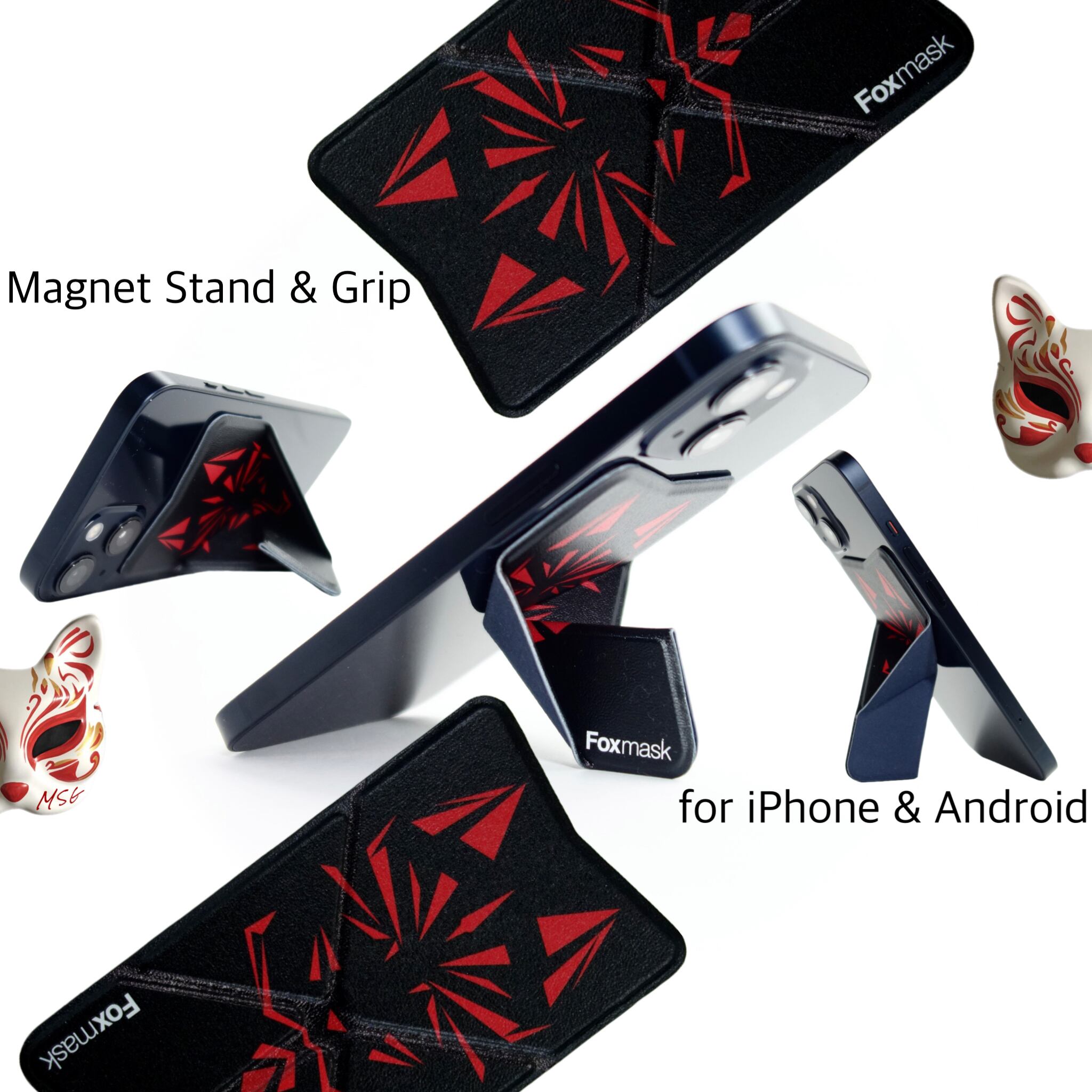 スマホに貼る 折りたたみ式 スマホスタンド スマホグリップ ワイヤレス充電 対応 マグネット内蔵 スチールにくっ付く きつね面 黒 XPAL マグネットスタンドグリップ 赤 折り畳み式 磁石内蔵6枚 スマホスタンド 縦置き 横置き スマホグリップ 貼って剥がせる ワイヤレス充電対応