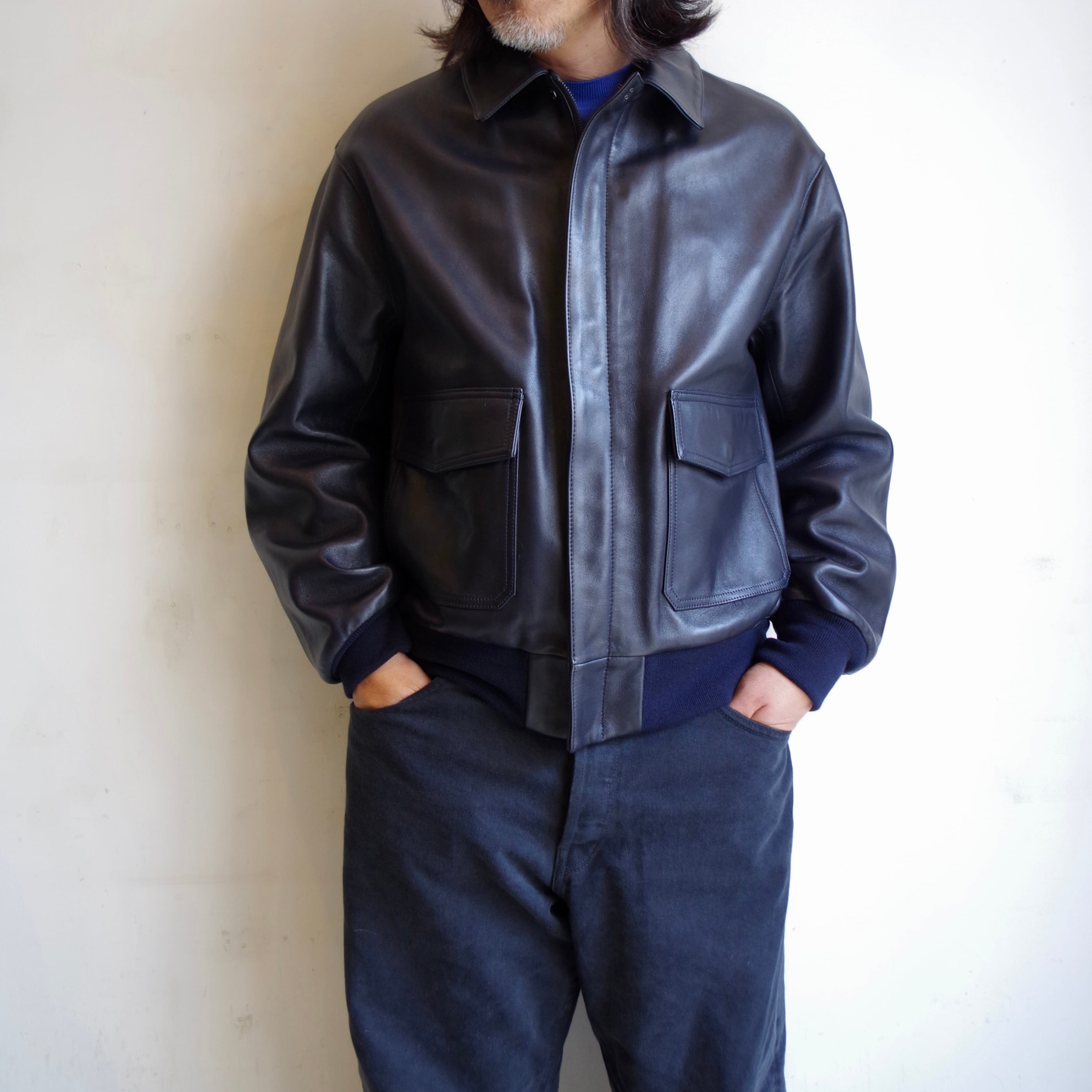 LOEFF Lamb Leather Flight Jacket Navy | 1F Store