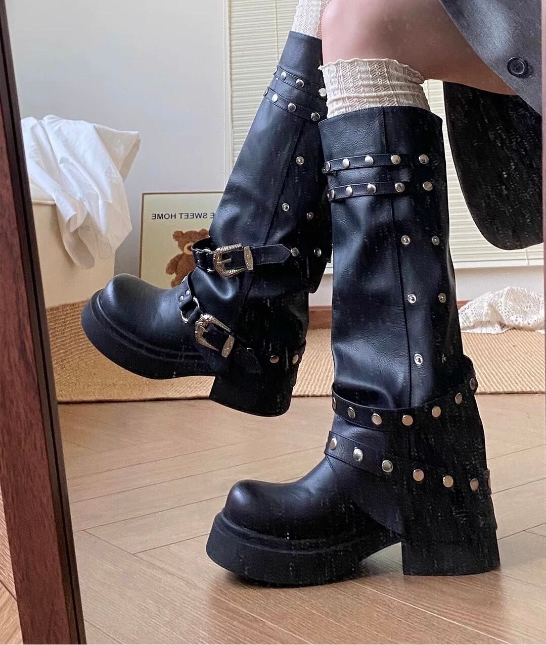 病みかわいい 22.5〜25cm バイカーロングブーツ 病みかわいい秋冬
