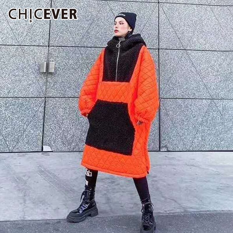 CHICEVERオレンジパーカスレディースフード付きカラー長袖パッチワークラムウールヒットカラーシックコート2020冬 ロング ウィンター 冬物 6base588281630909