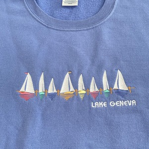 【JERZEES】スウェット 刺繍 LAKE GENEVA ジュネーヴ湖 レマン湖 ヨットトレーナー プルオーバー パステルカラー ライトパープル X-LARGE US古着