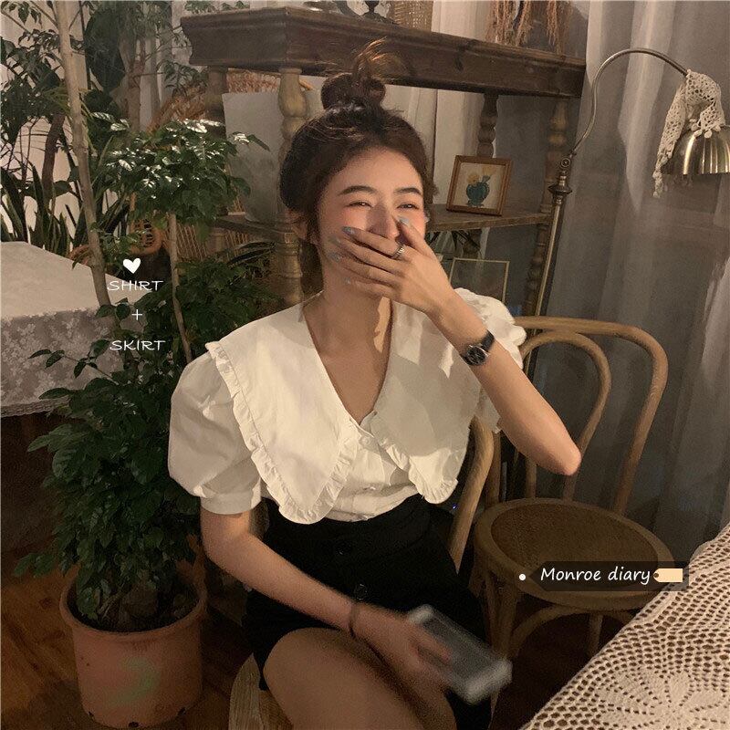 カラースリーブホワイトシャツ ショート薄手サマートップス 夏物 モンロー60896289491