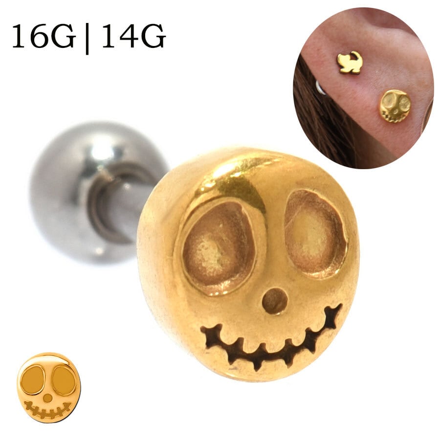 16G 14G ゴールド スカルフェイス ストレートバーベル 舌ピアス 軟骨