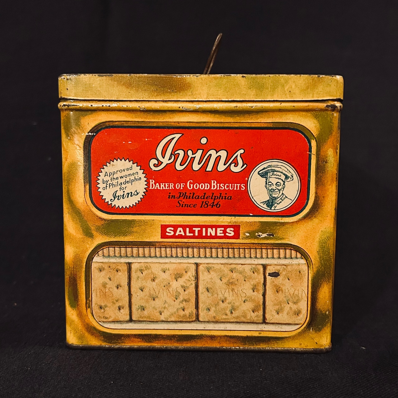 1920s アイヴィンズ ソルティン クラッカー ヴィンテージ ティン缶 IVINS “SALTINES” Cracker Tin T-684