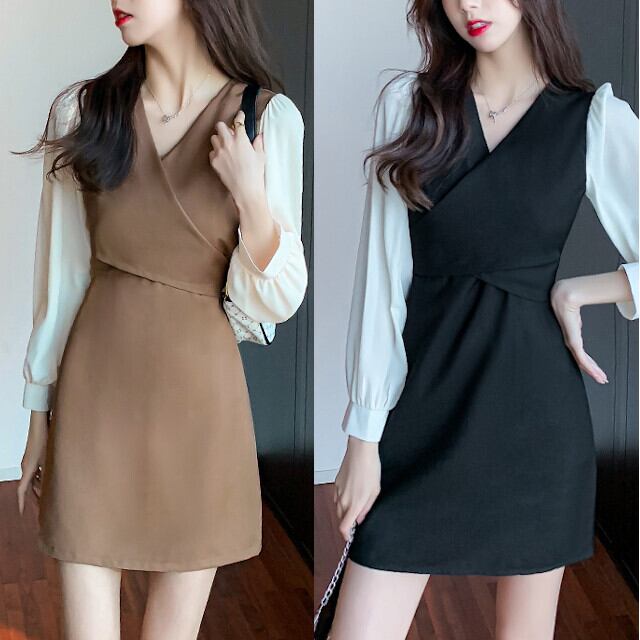全2色 ブラック/ベージュ レディース ワンピースドレス レトロ Vネック バイカラー ハイウエスト ミニ丈 リボン S/M/L/XL