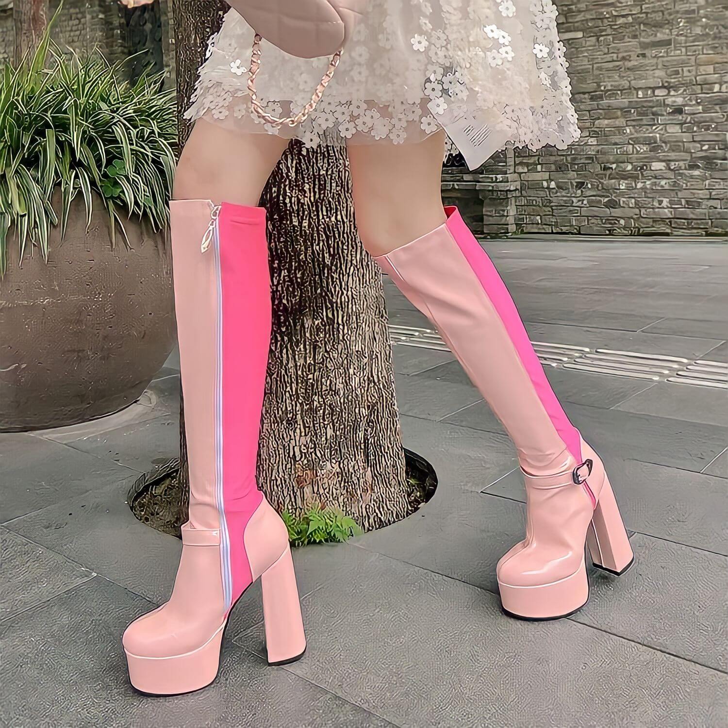 size26.5cmあり】デザインベルトバイカラーロングブーツ14cm全4色