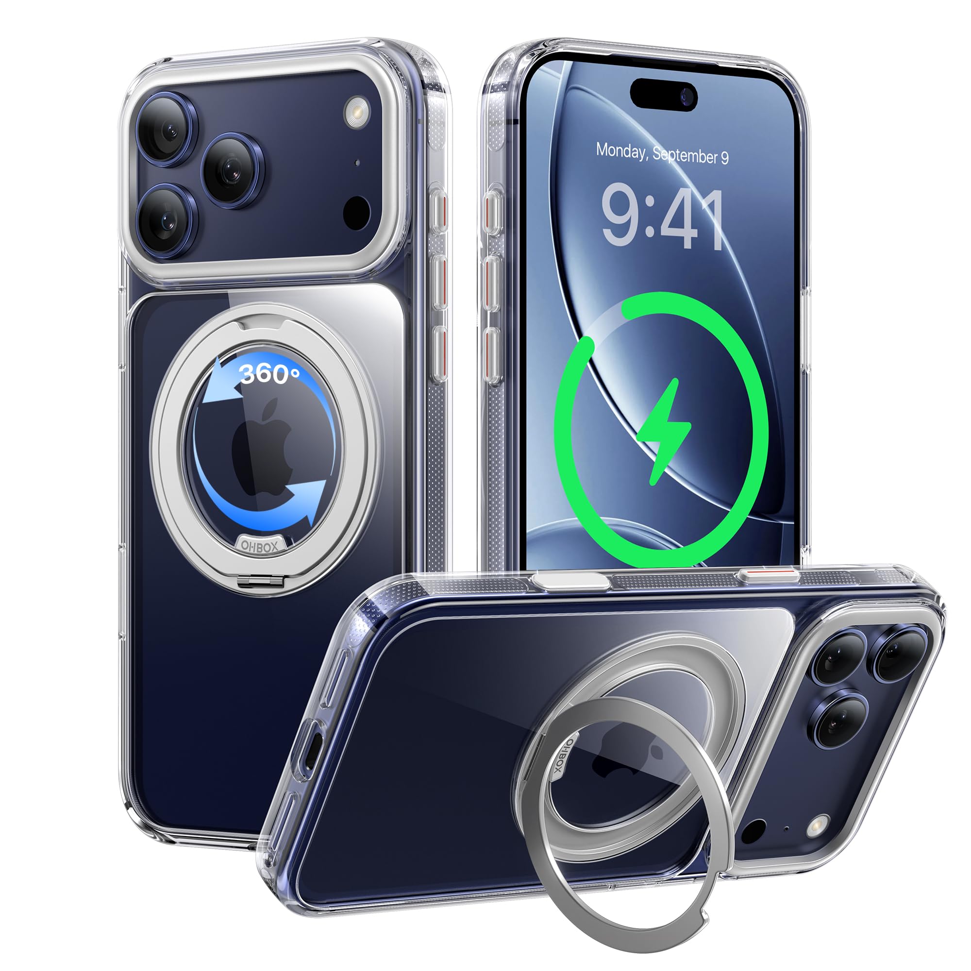 OHBOX for iPhone 17 Pro ケース Magsafe 対応 米軍MIL規格 耐黄変 耐衝撃 25Wの高速充電に対応 隠れスタンド