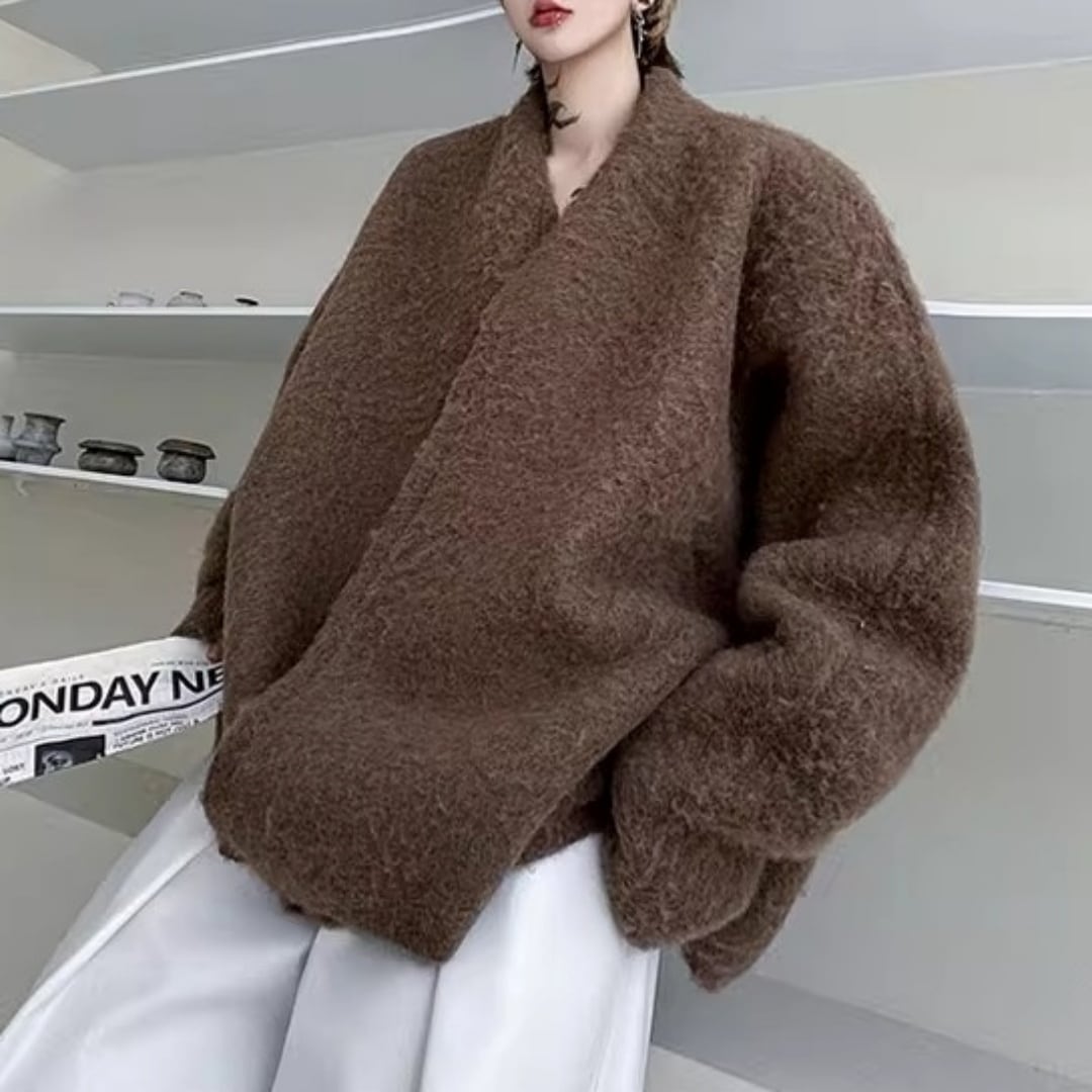 隠しボタン Vネックルーズニットカーディガン 3カラー D12050