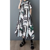 抽象柄 ロング丈 シャツワンピース  30090