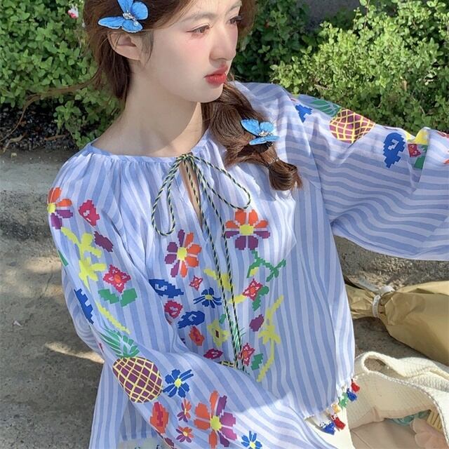 Au pay ストライプ 花柄刺繍 トップス 予約販売 トップス シャツ