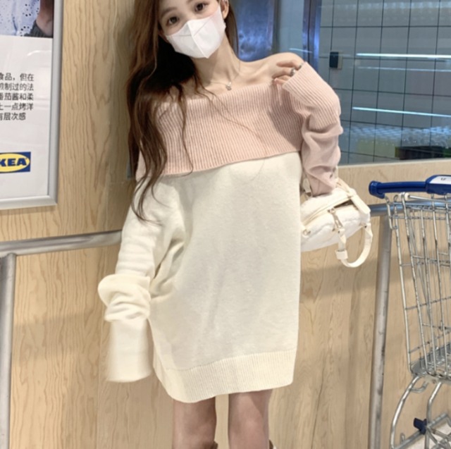 デザイン性抜群 フェイクインナー ゆったり 無地 ニットワンピース ミニ 肩出し