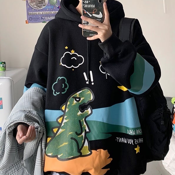 メンズ パーカー 恐竜 オーバーサイズ G00113 恐竜 パーカー ユニセックス | Korean unisex fashion セレクト