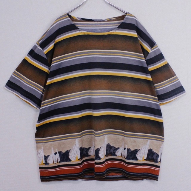 【Caka act2】Yacht Print Design Horizontal Stripe Pattern S/S Pullover
