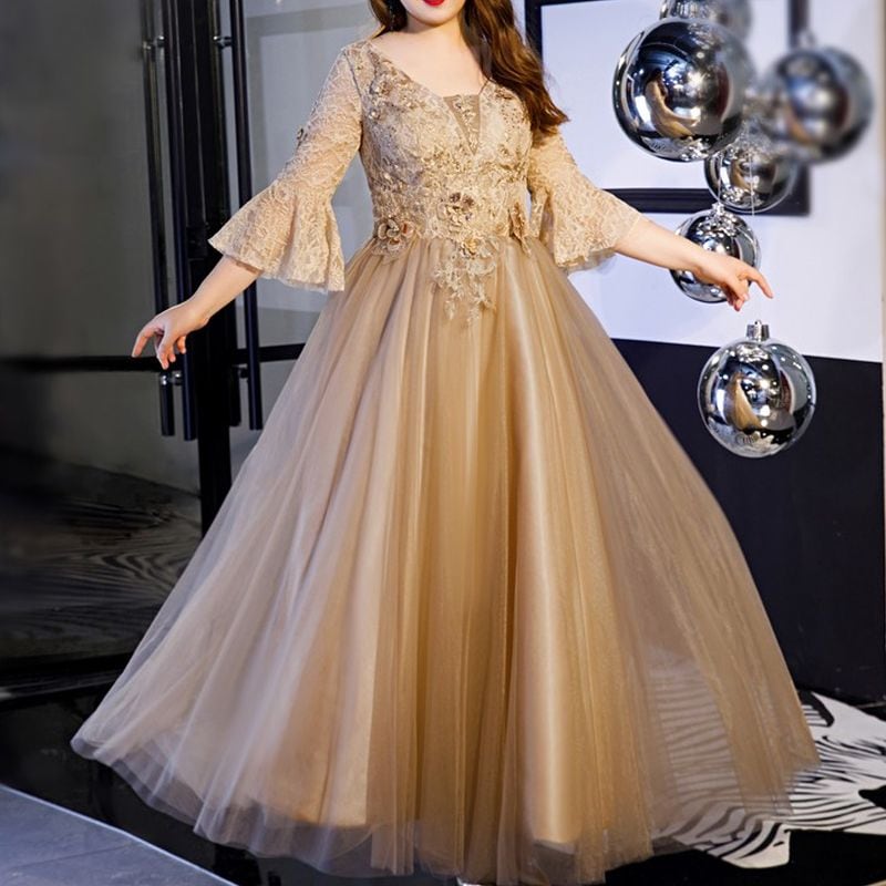 3XL〜7XL】ベルスリーブチュールドレス D1593 | 演奏会・ステージ