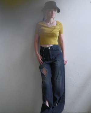 Curve Cutwork Denim Pants / BLACK