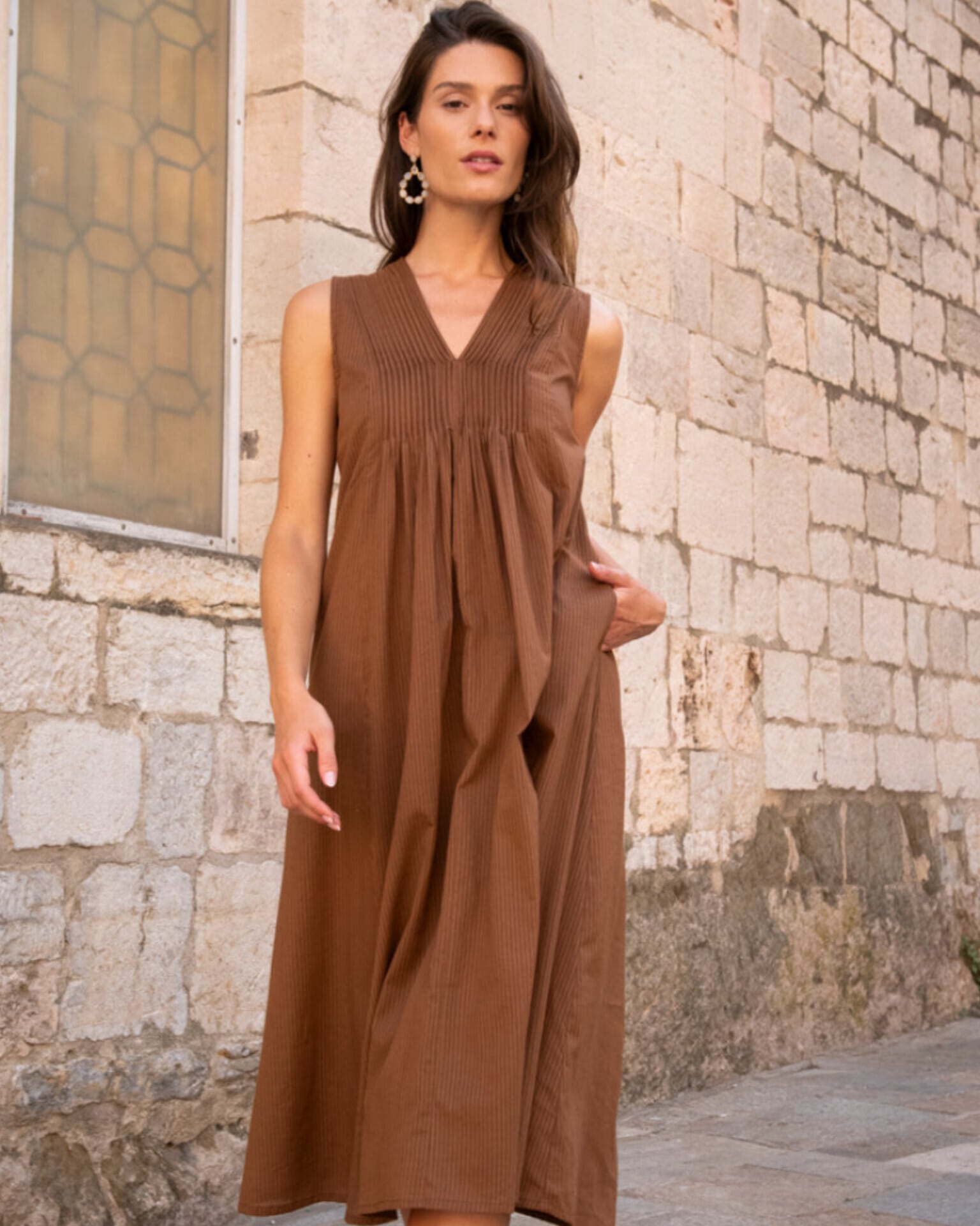 【ZEN ETHIC】Vネックノースリーブワンピース / BROWN