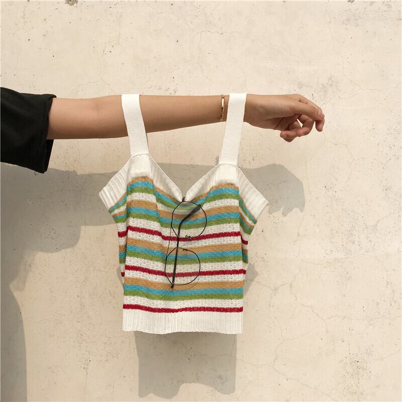 スキームレインボーストライプキャミソールサマーウェアスタイルノースリーブニットボトミングフラットマウスビューティーバックトップ女性 YY-ファッション9010605871