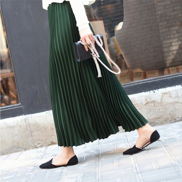 プリーツロングスカート ハイウエストソリッドスカート Green