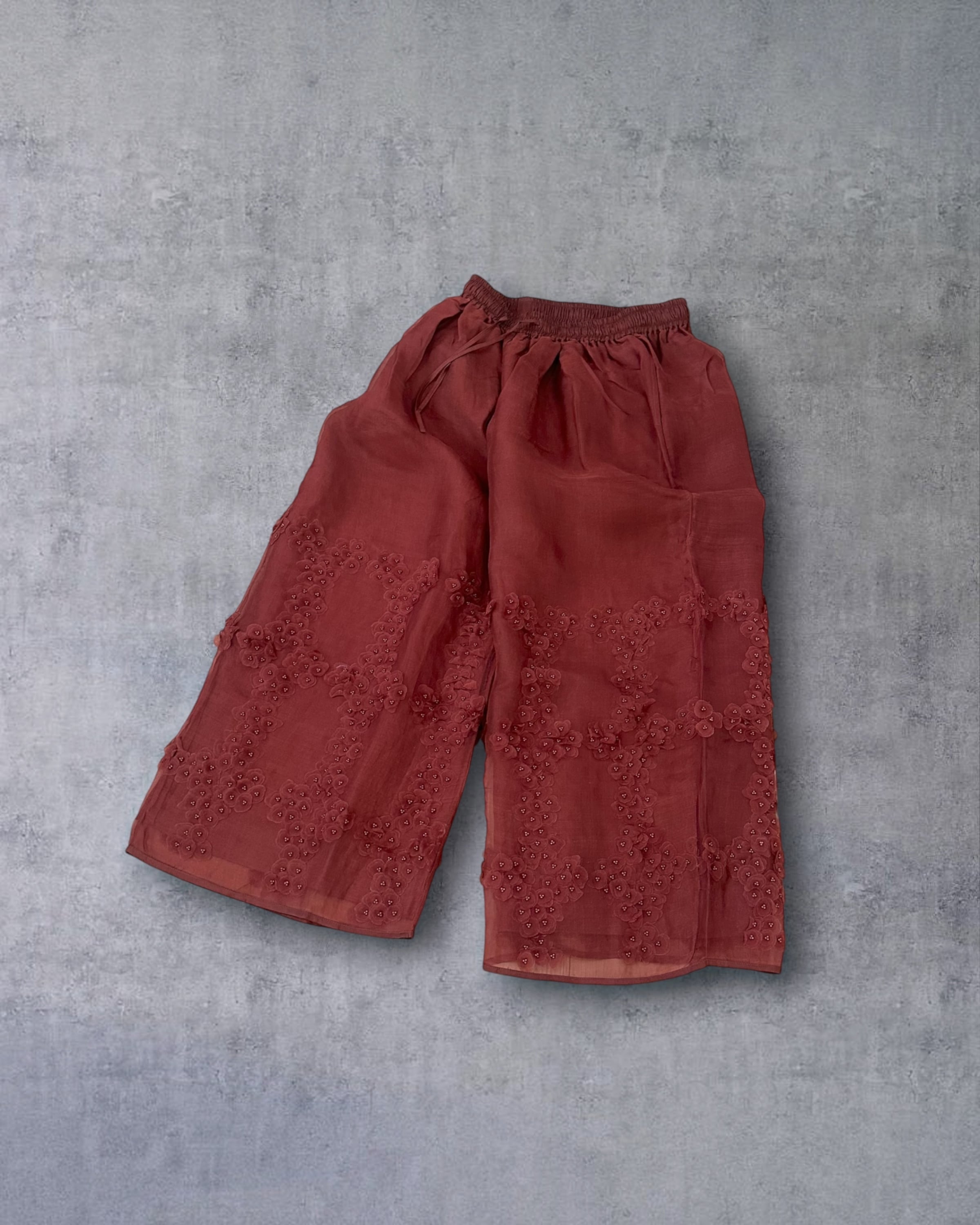 BUNON　Khadi Silk Orgrandy ＆ Embroidery Flower Layered Pants(Madder Brown)