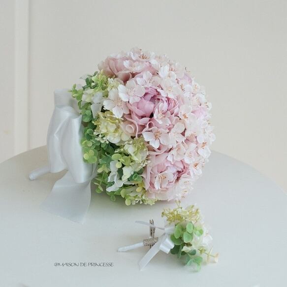 世界にひとつ＊ 【ブートニア付き】桜と芍薬のウエディングブーケ 前