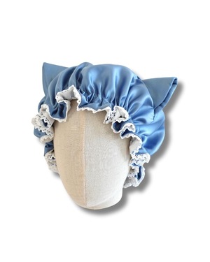 8歳〜大人用 Cat-Ear Gray（キャットイヤー）猫耳パイピング Romantic Race Cat-Ear blue Nightcap国産洗えるシルク