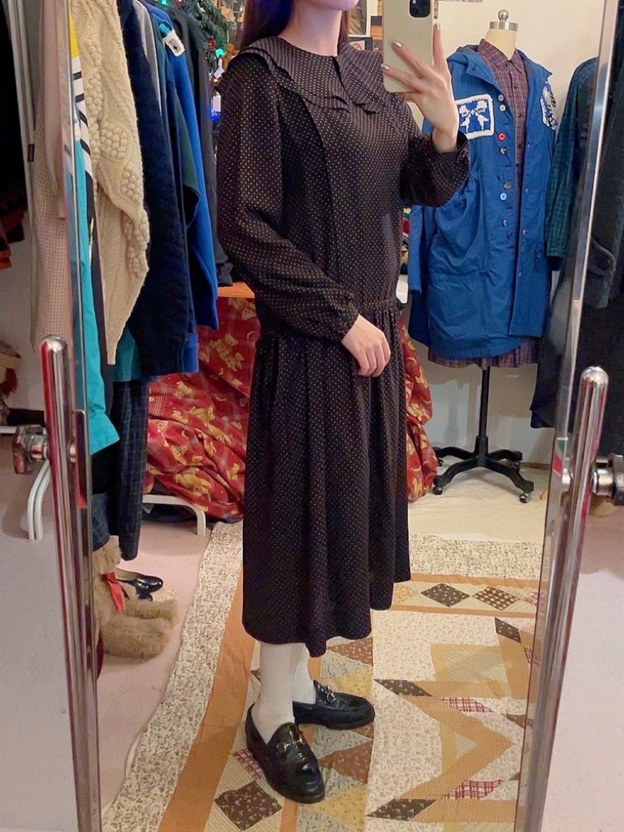 orange pin dot frill collar one-piece