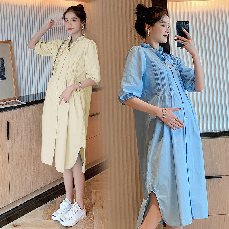 【新作】【送料無料】 マタニティウェア2020夏の新しい綿とリネンのプリーツVネックルーズドレスミドル丈ファッションマタニティドレス-アリババ コットン サマー 夏物 expec238089449490