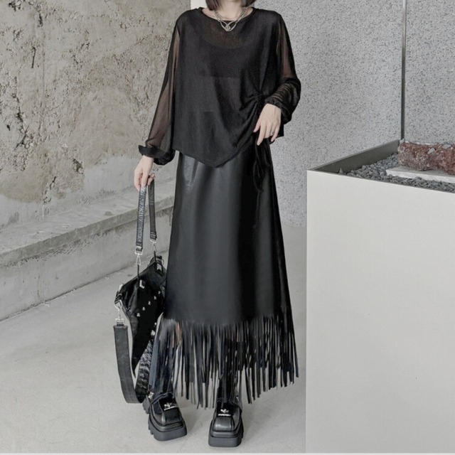 Tassel leather mid-length skirt C0499