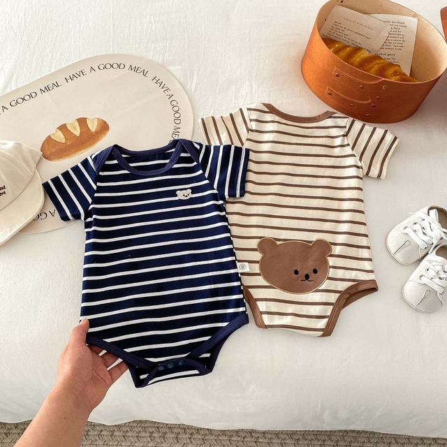 【BABY】くまモチーフストライプ半袖ロンパース - 5