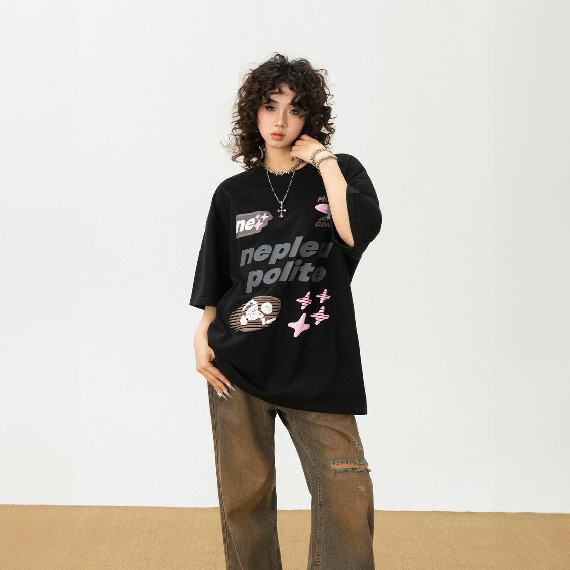 アメリカのハイストリートフォームプリントオーバーサイズ半袖 Tシャツ 