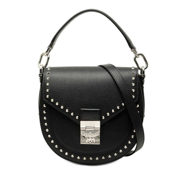 エム シー エム パトリシア サッチェル スタッズ ハンドバッグ ショルダーバッグ 2WAY ブラック レザー レディース MCM 【中古】
