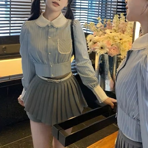 ストライプクロップドフリルシャツ