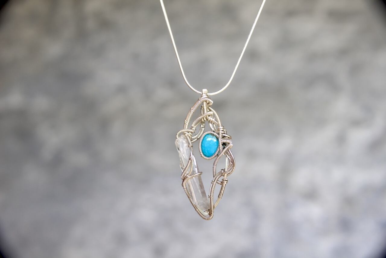 Turquoise & Crystal point silver925 wire wrapping pendant