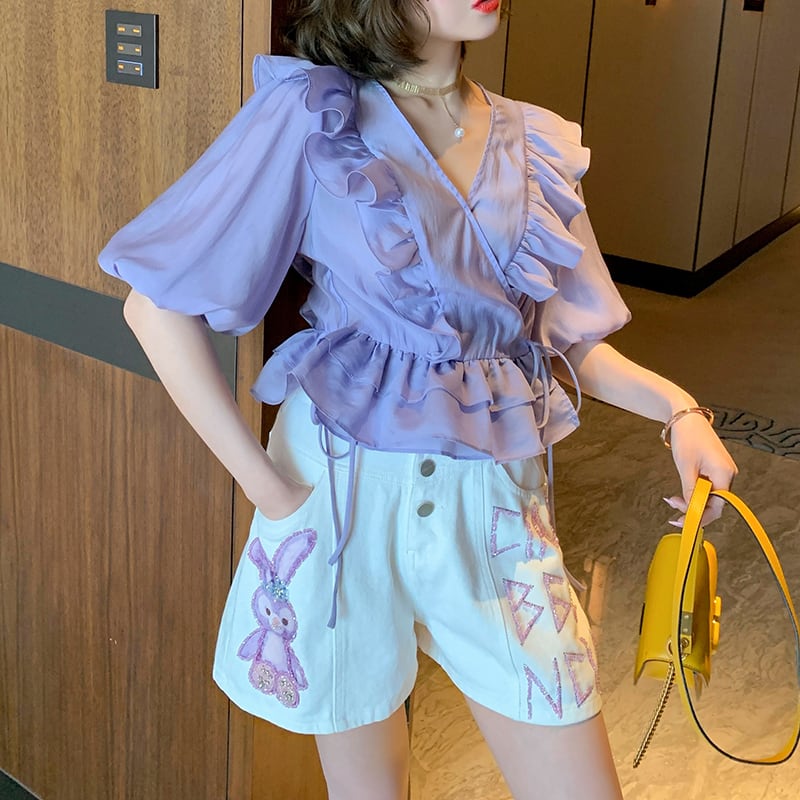 Vネックトップス ショーツ スプリングサマー レース 春物 夏物 ブルマー レースアップ MIUCO95101520195